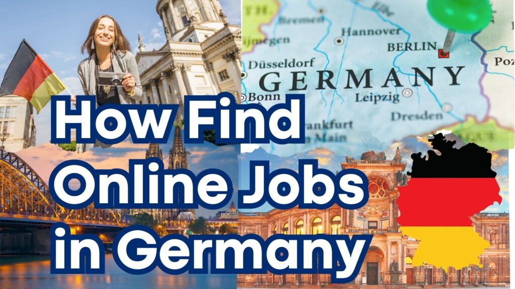 A person working on a laptop with the German flag in the background, symbolizing a foreigner applying for a job in Germany.